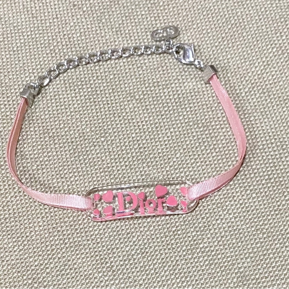 DIOR Bracelet Clear Pink Hearts Acrylic  lucite Ribbon New Girly